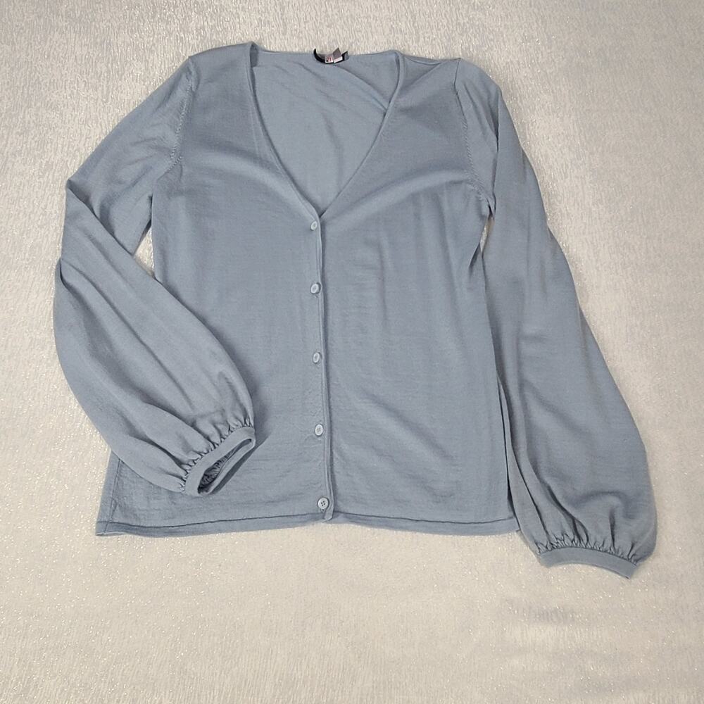 Bill Blass Blue Merino Wool Cardigan Large Puff Sleeves - Picture 6 of 9